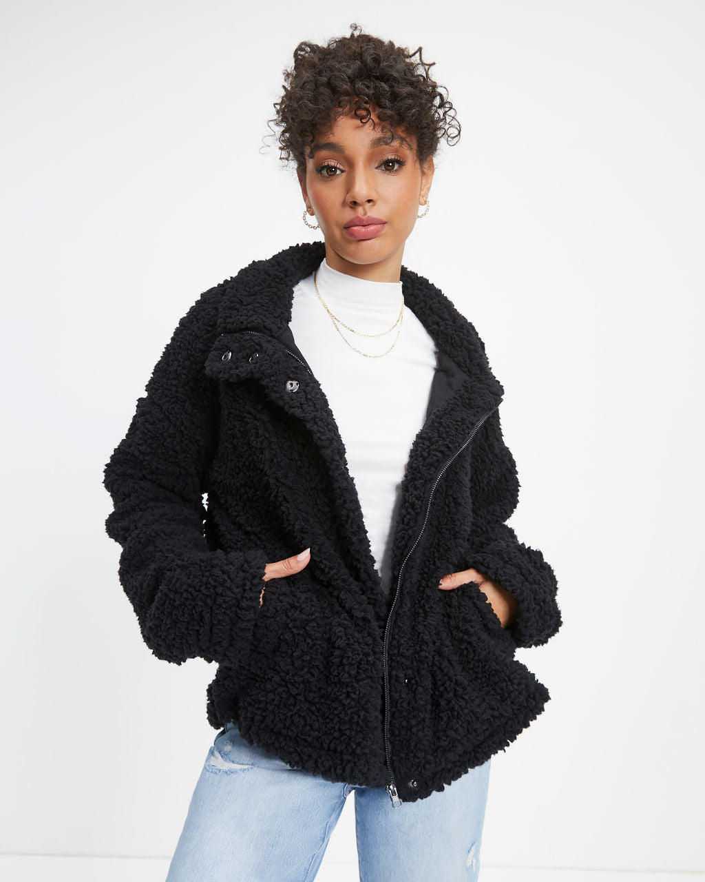 Cabin Dates Pocketed Teddy Jacket - Black