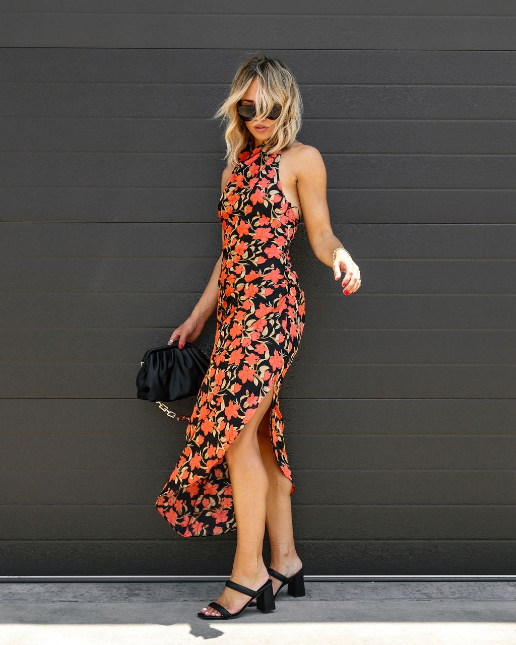 Autumn Bloom Ruched Halter Maxi Dress