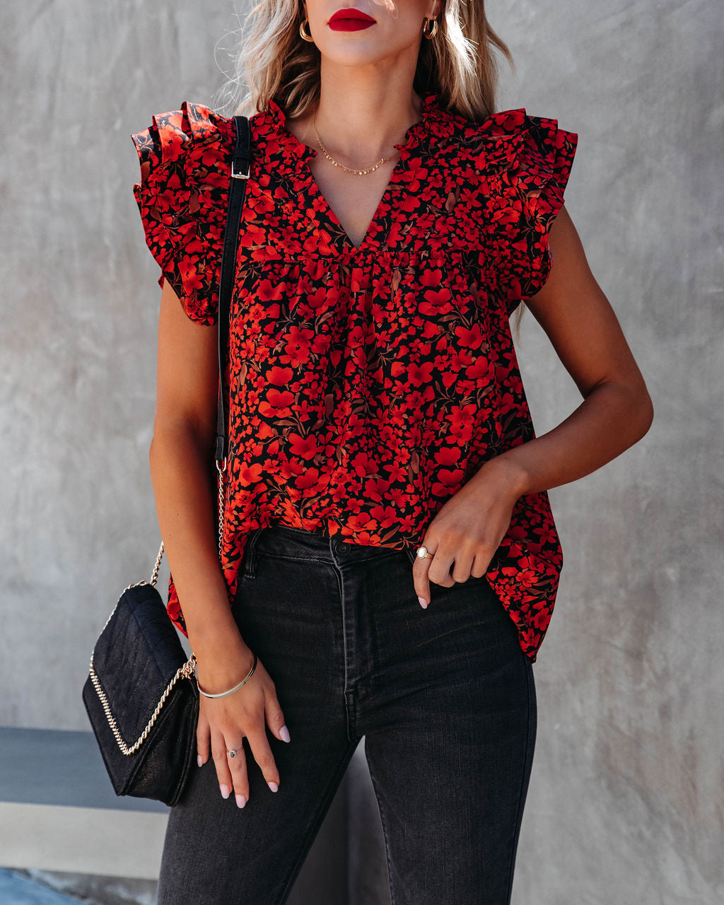 Poppy Fields Ruffle Sleeve Top - Red