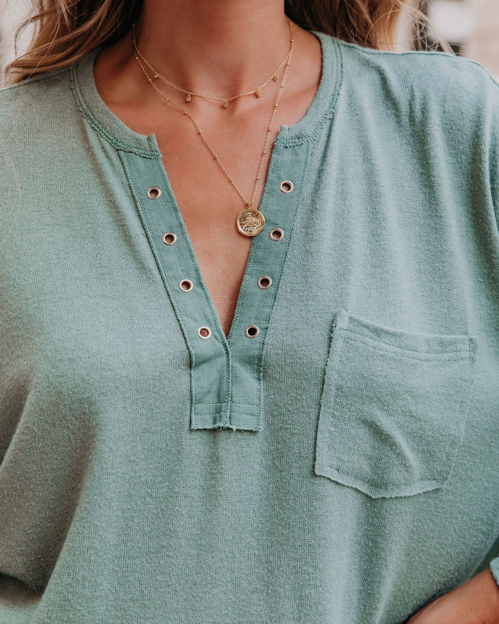Ezra Grommet Long Sleeve Top - Sage