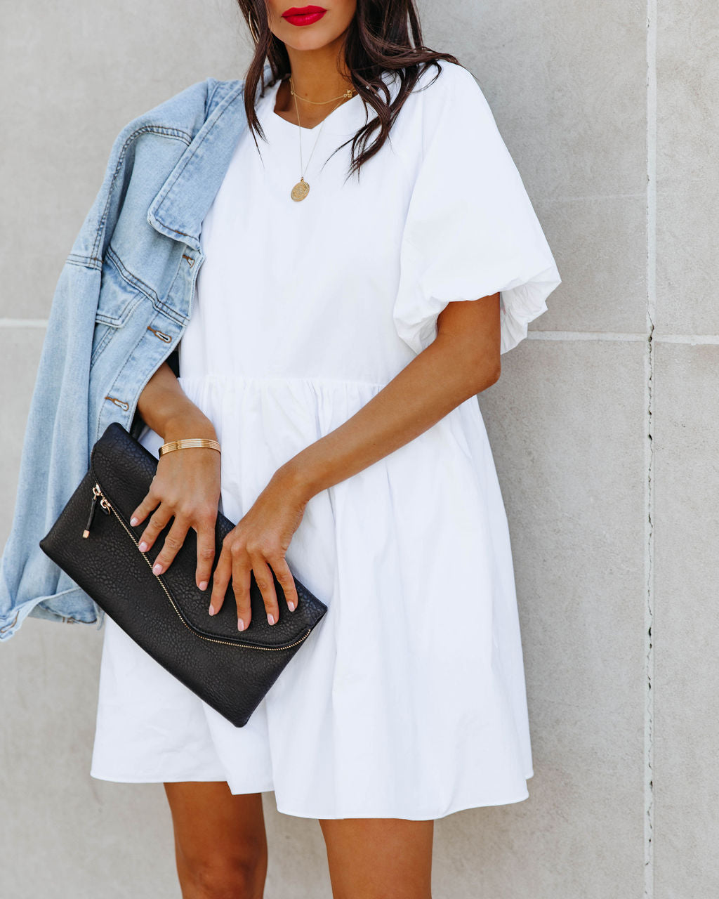 Dodie Cotton Pocketed Puff Sleeve Babydoll Dress - White - FINAL SALE