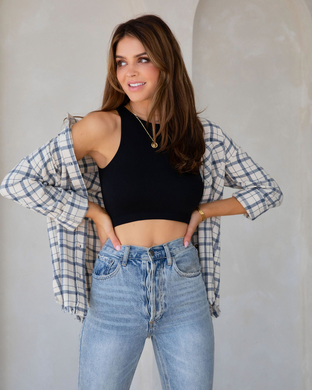 Farmers Market Lightweight Plaid Top - Off White - SALE