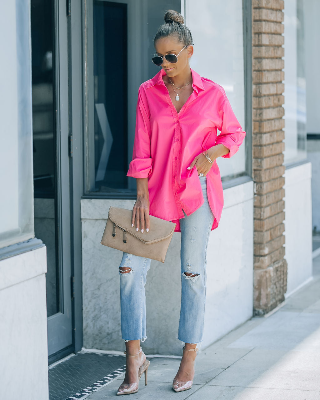 Leslie Button Up Cotton Top - Hot Pink - FINAL SALE