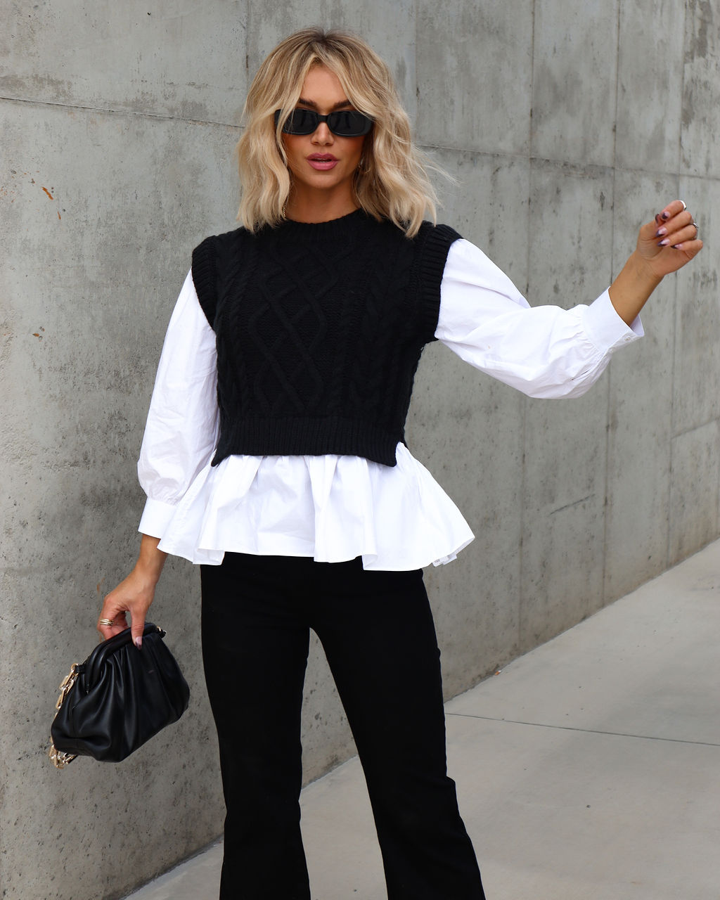 Carmine Contrast Knit Top - Black