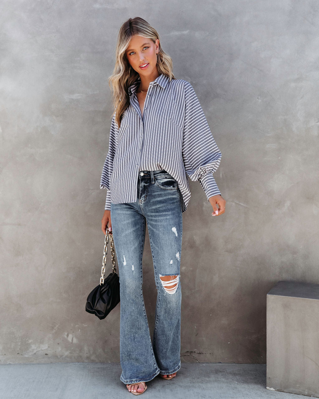 Classic Moment Striped Button Down Top - Charcoal