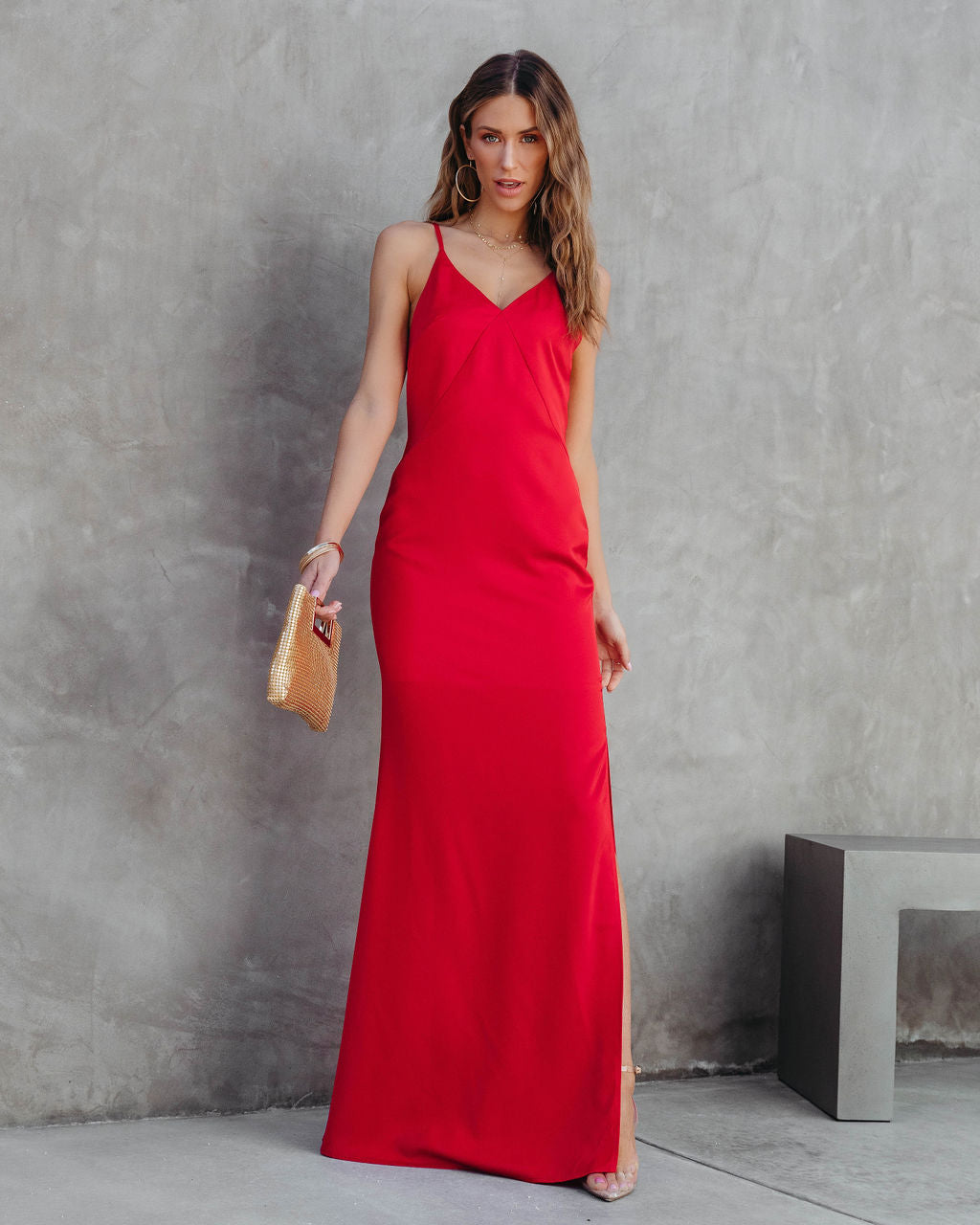 Evianna Satin Slit Maxi Dress - Red