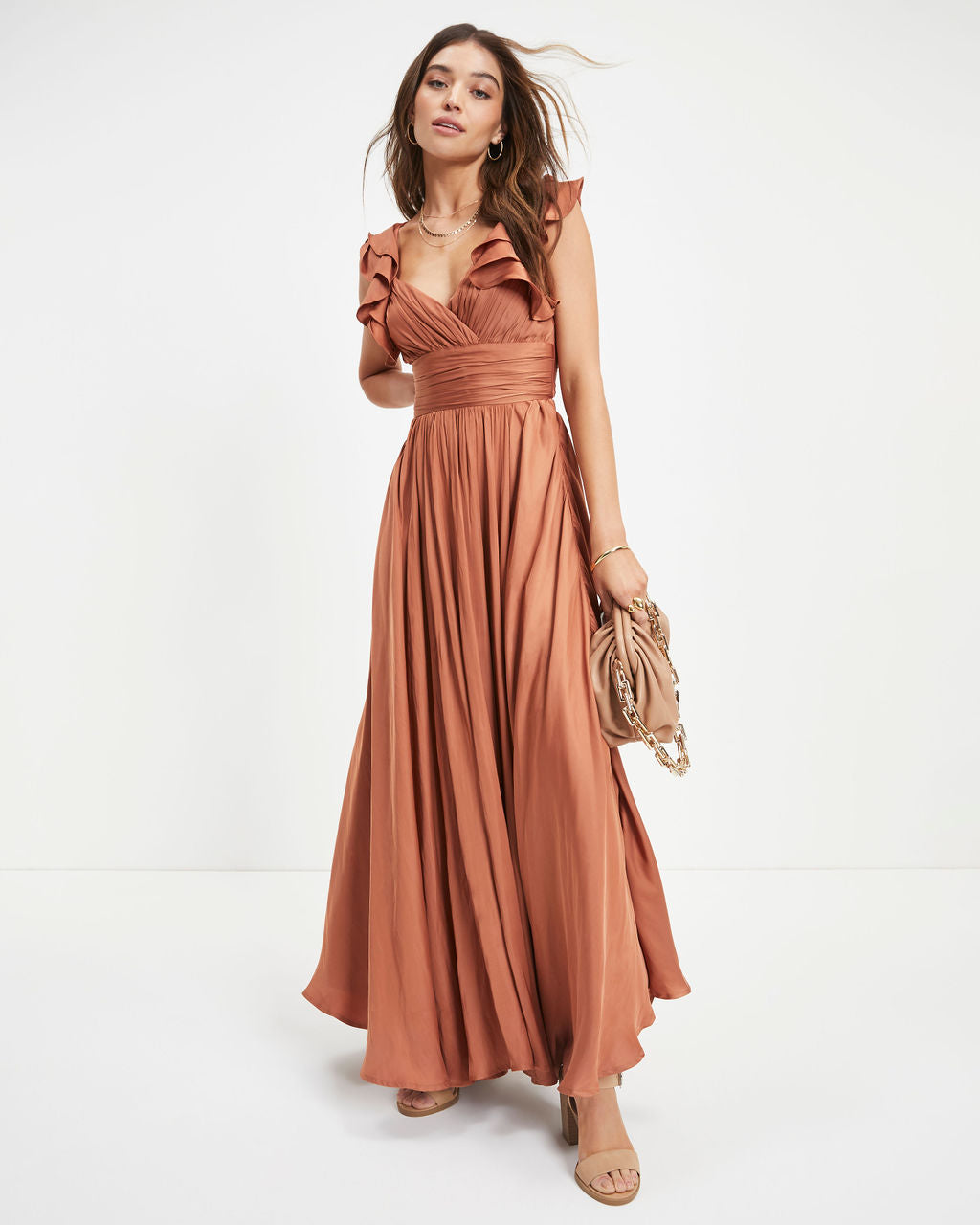 First Class Satin Ruffle Cutout Maxi Dress - Dusty Rust