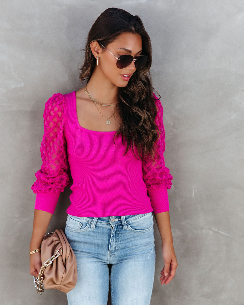 Super Fabulous Ribbed Tulle Contrast Top - Hot Pink