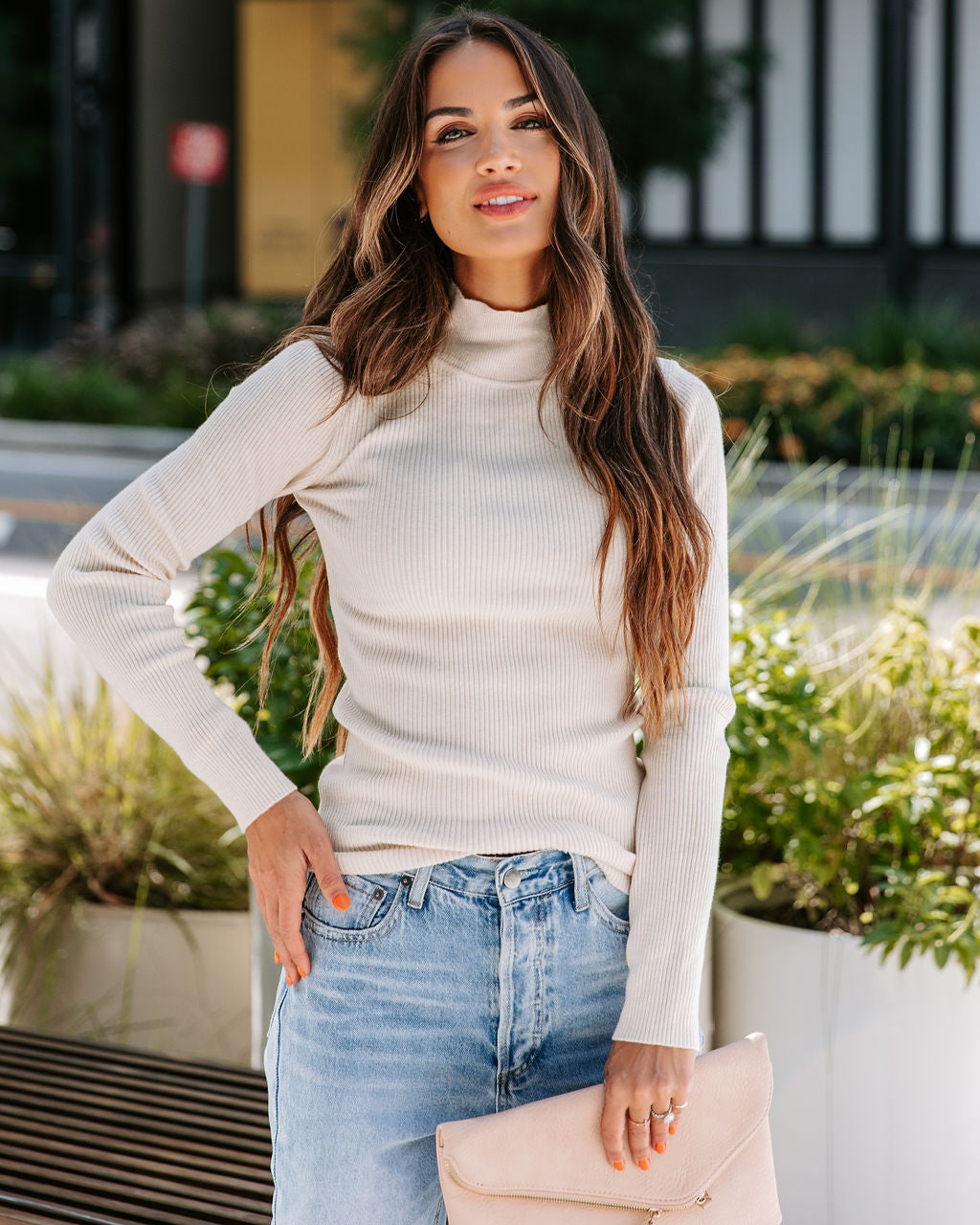 Tell Me About It Ribbed Mock Neck Long Sleeve Top - Oatmeal - FINAL SALE