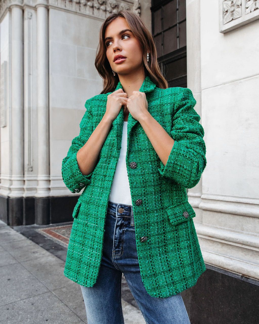 Priestly Pocketed Tweed Blazer - Emerald