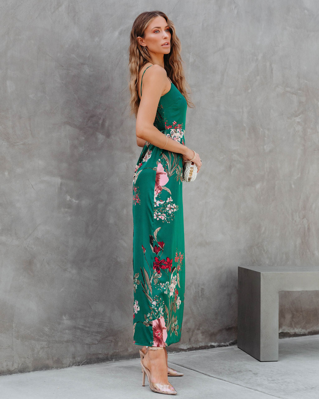 Ramona Satin Floral Maxi Dress - Green