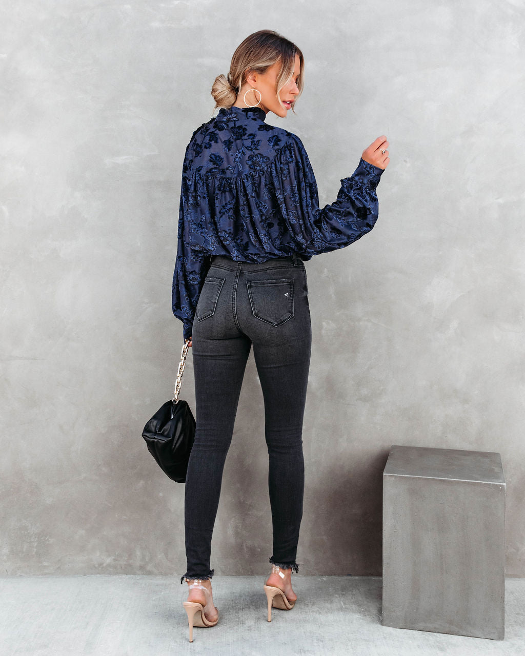 Jane Floral Burnout Velvet Top - Navy