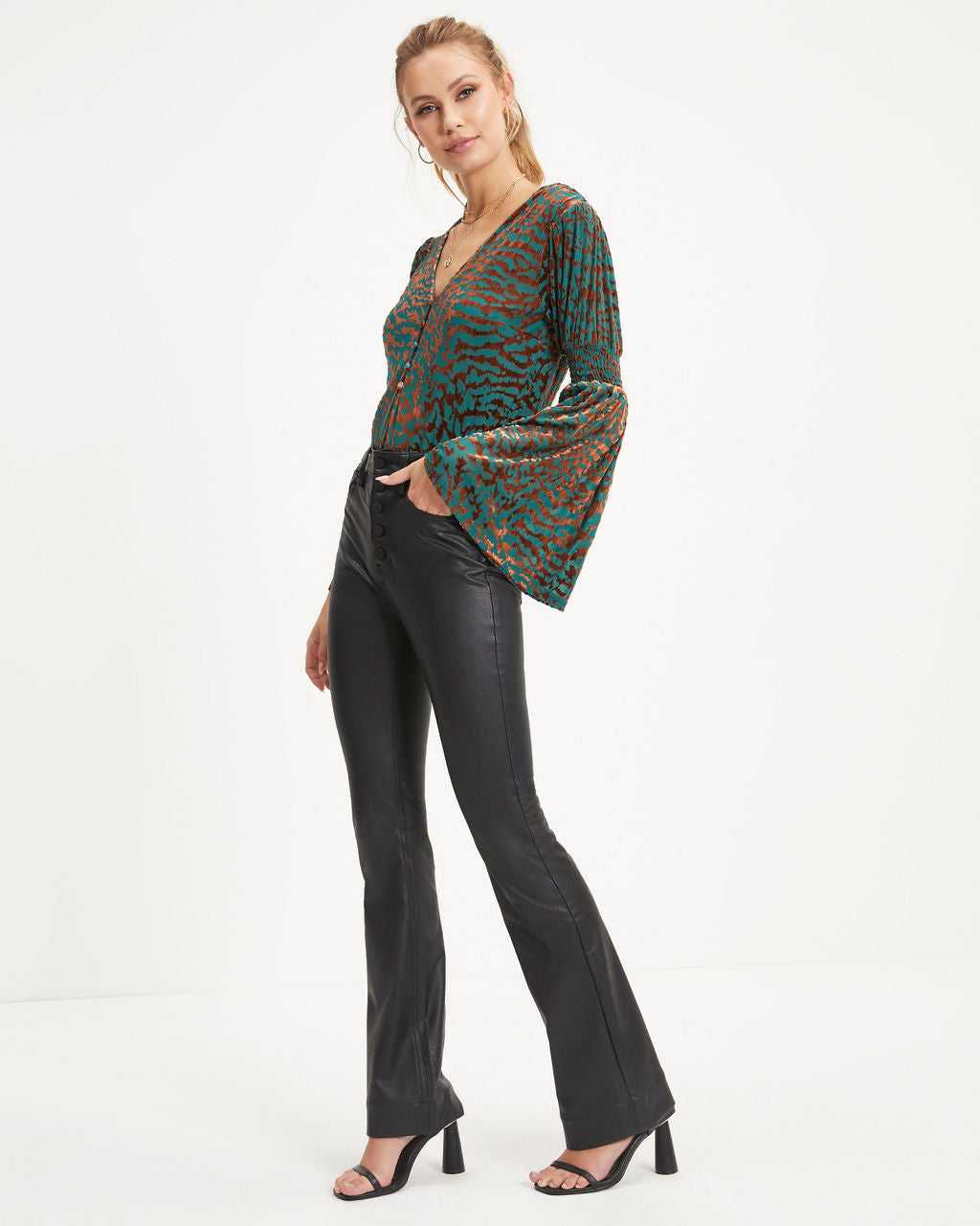 Annalisa Velvet Burnout Bell Sleeve Top - Green