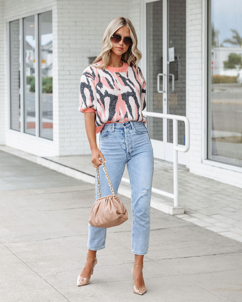 Cape Town Knit Printed Sweater Top - Coral Combo - SALE