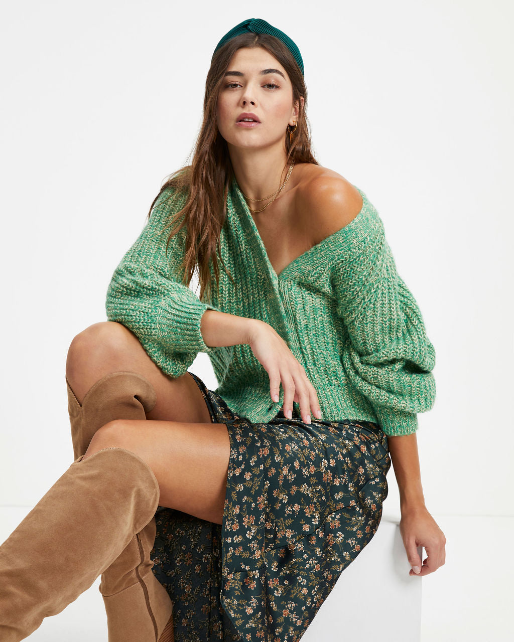 Ireland Knit Balloon Sleeve Cardigan - Green