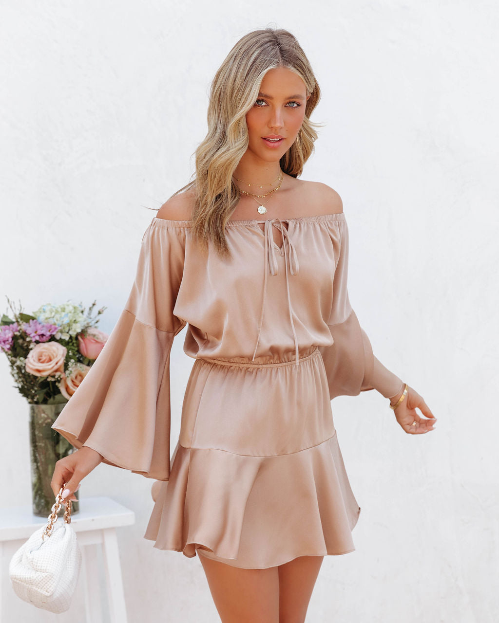 Stassy Satin Off The Shoulder Mini Dress - Champagne - FINAL SALE