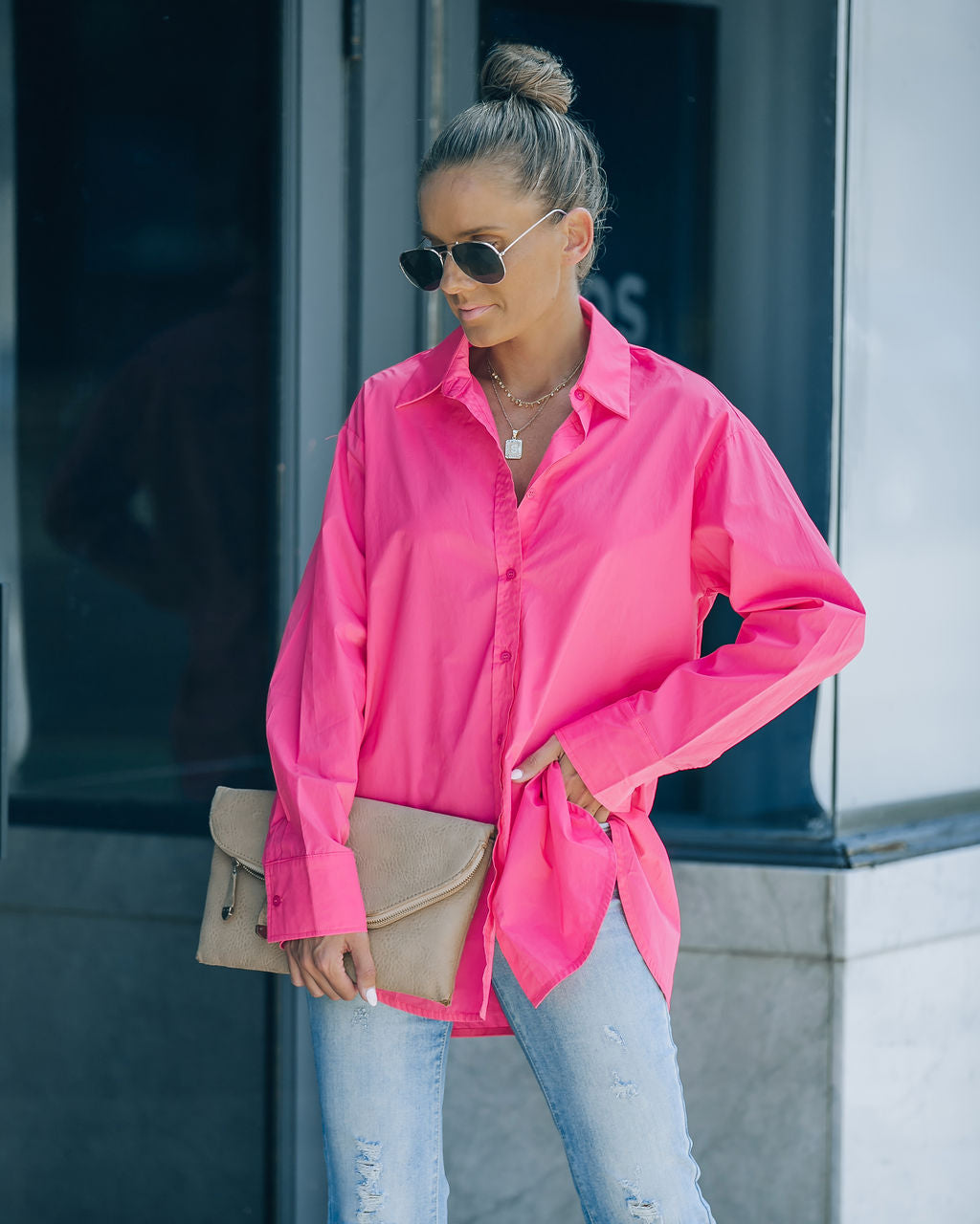 Leslie Button Up Cotton Top - Hot Pink - FINAL SALE