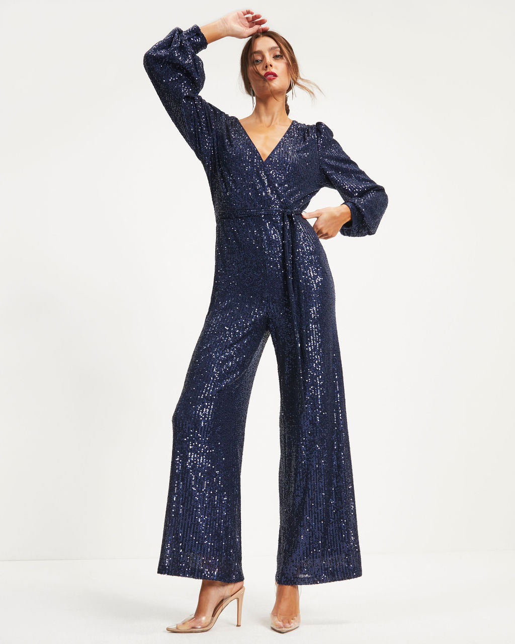 Whole New World Sequin Front Tie Jumpsuit - Navy
