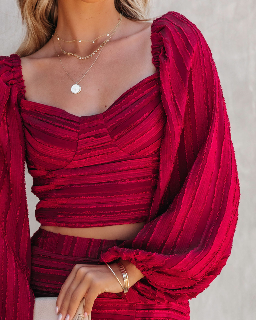 Scarlett Textured Balloon Sleeve Crop Top - Burgundy - FINAL SALE