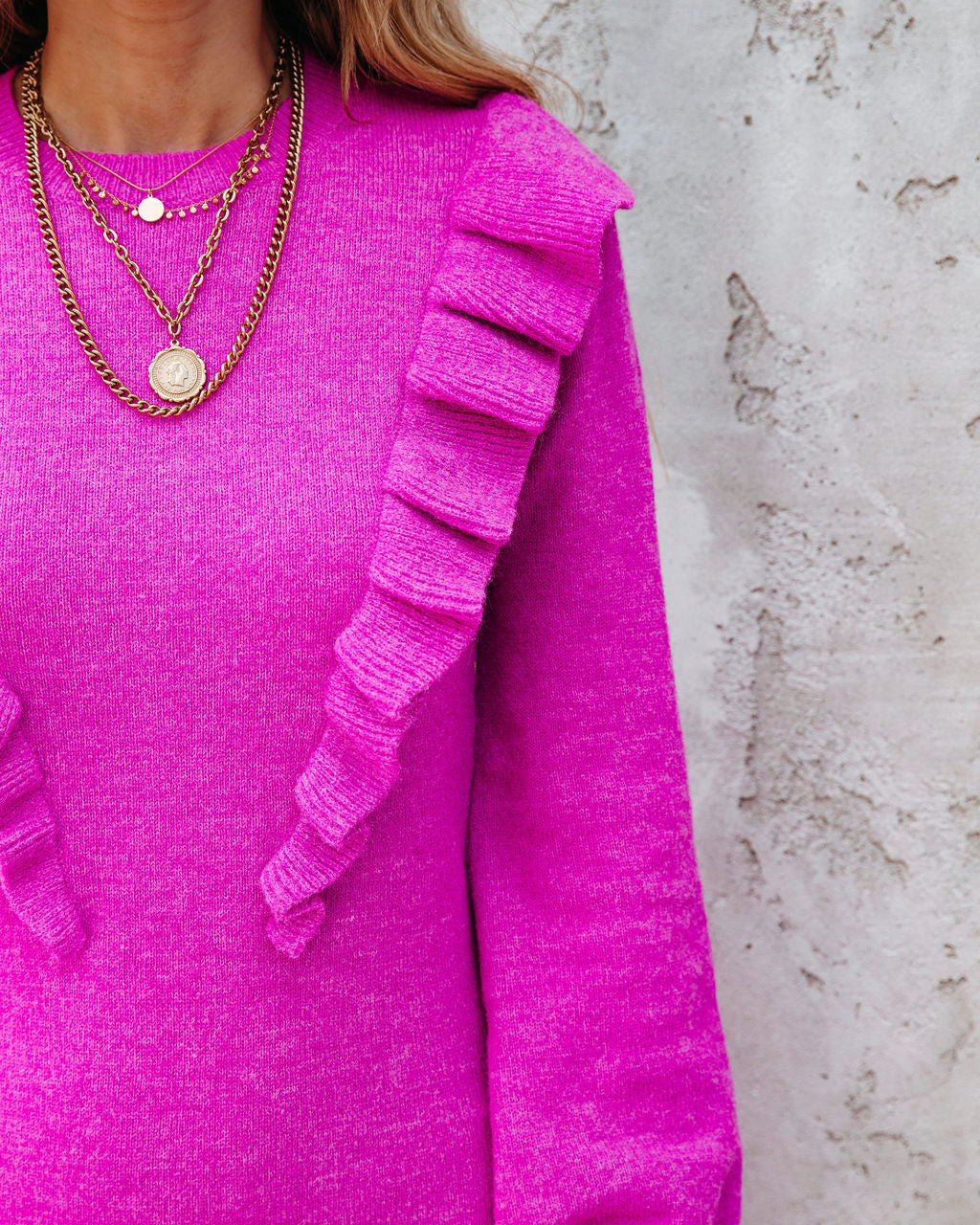 Marianne Ruffle Sweater Dress - Magenta - SALE