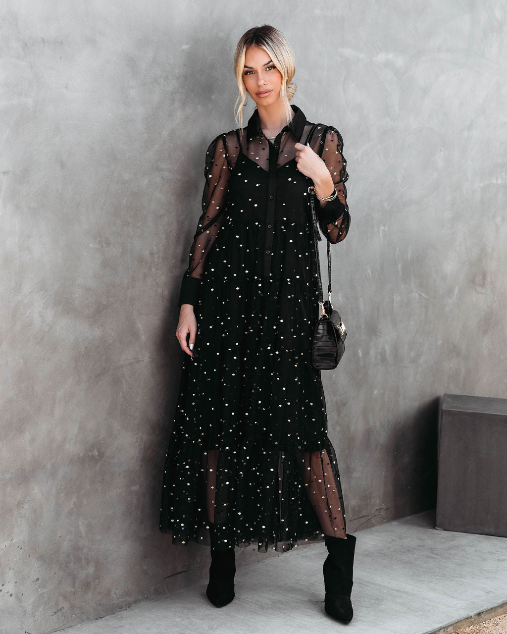 Joaquin Embroidered Mesh Tiered Maxi Dress - Black