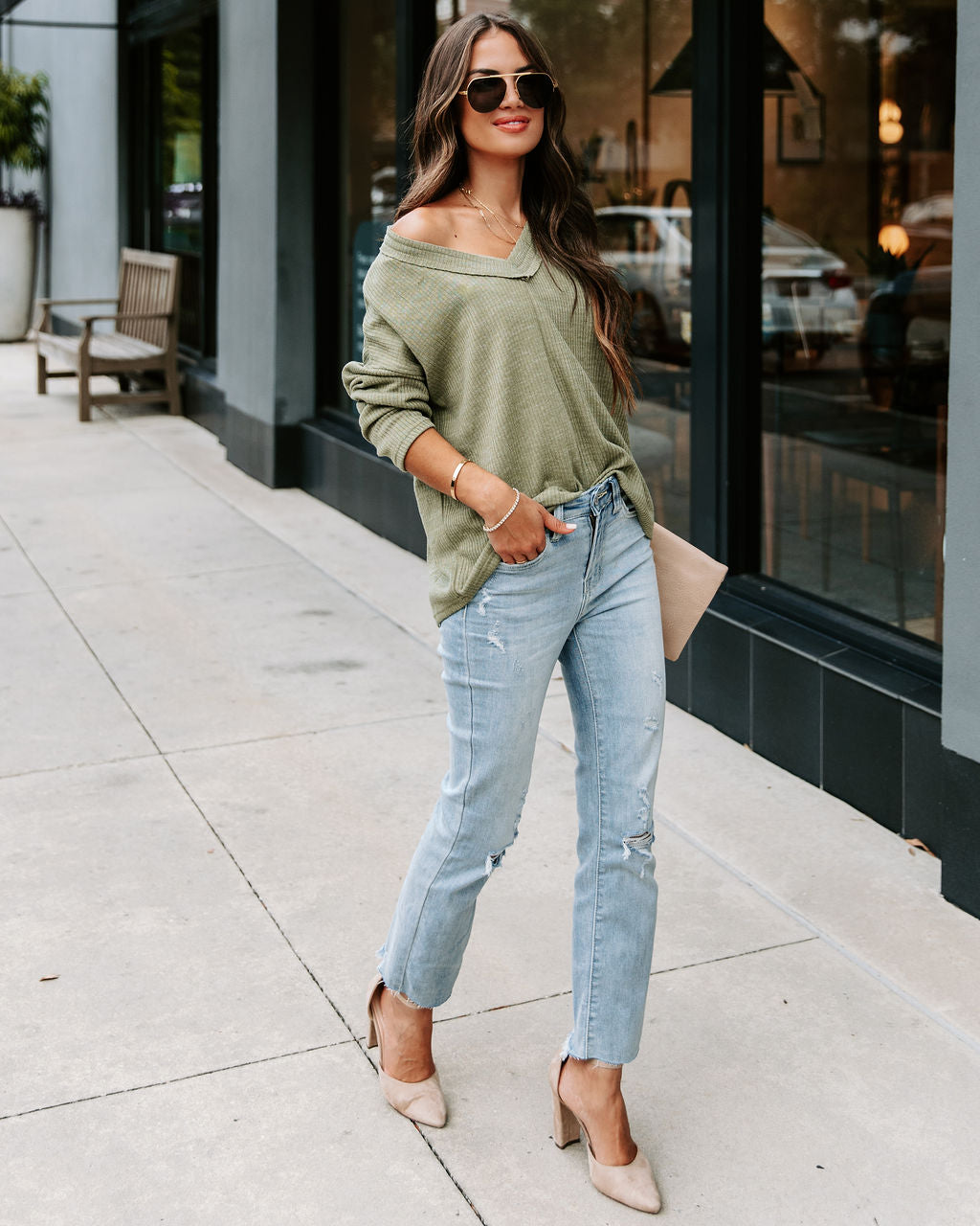 Touch Of Fall Oversized Ribbed Long Sleeve Top - Olive
