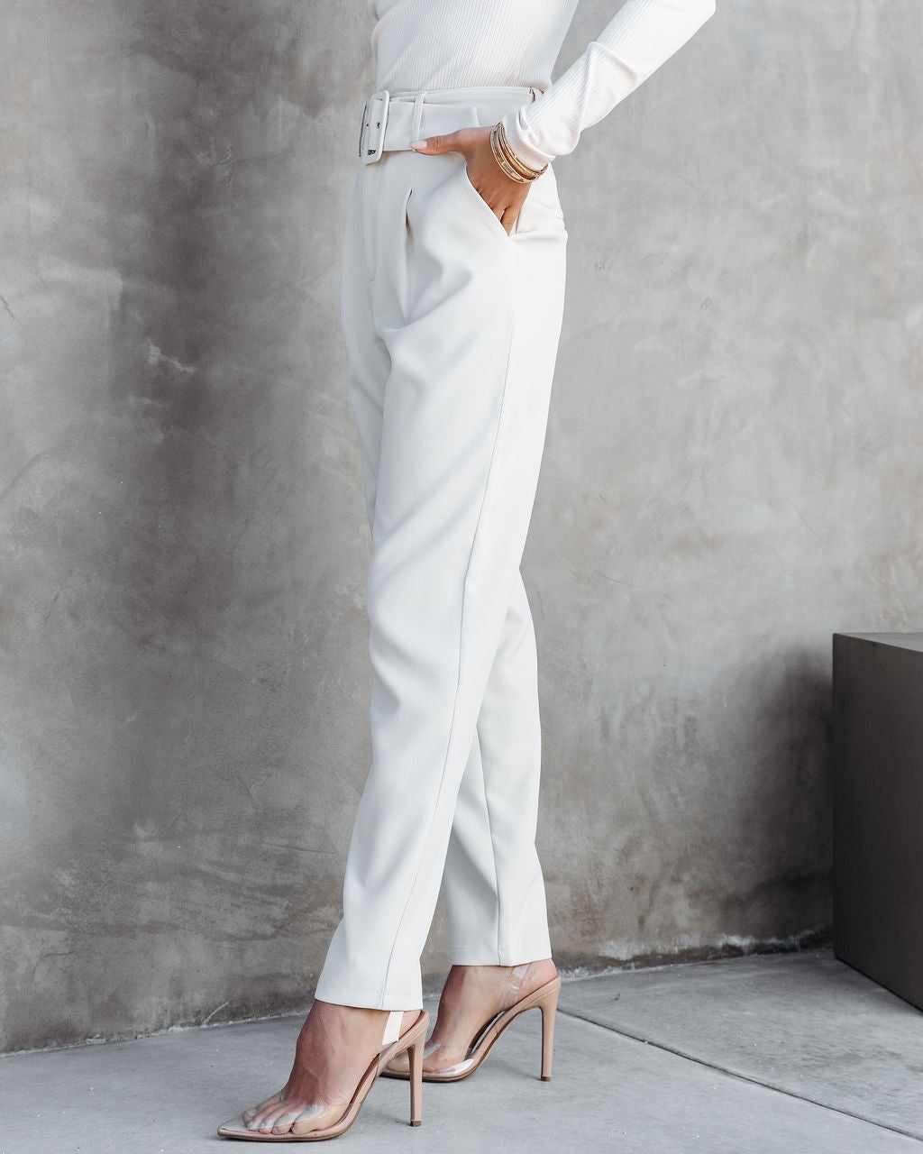 Brenda Belted Pocketed Pants - Beige