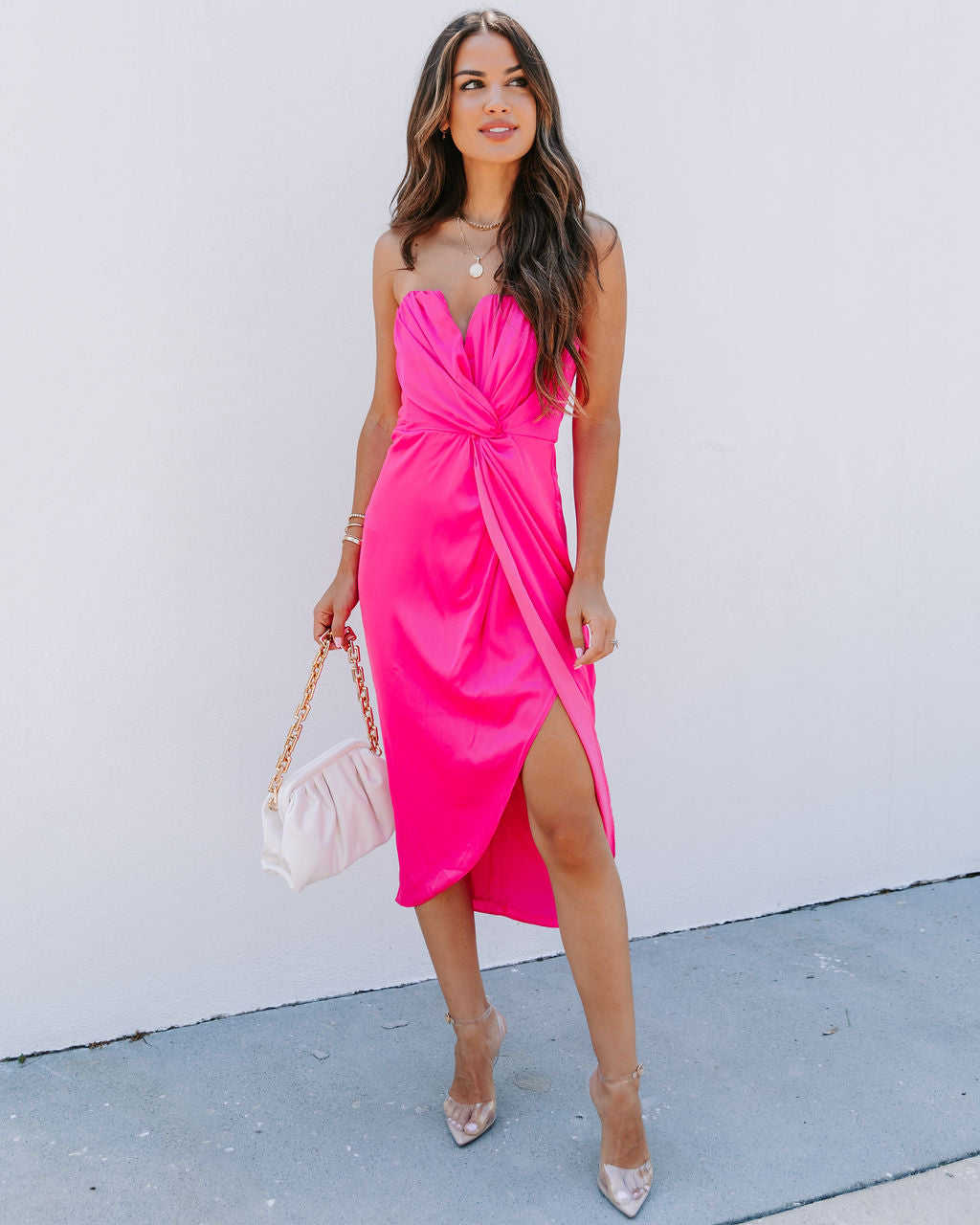 Classy And Fabulous Strapless Satin Midi Dress - Hot Pink - FINAL SALE