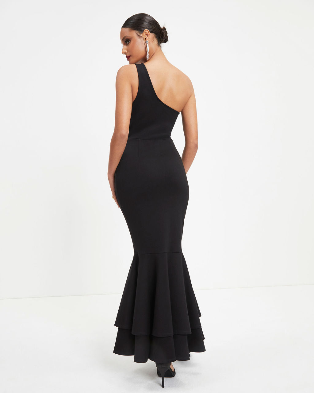 Ariella One Shoulder Tiered Trumpet Maxi Dress - Black
