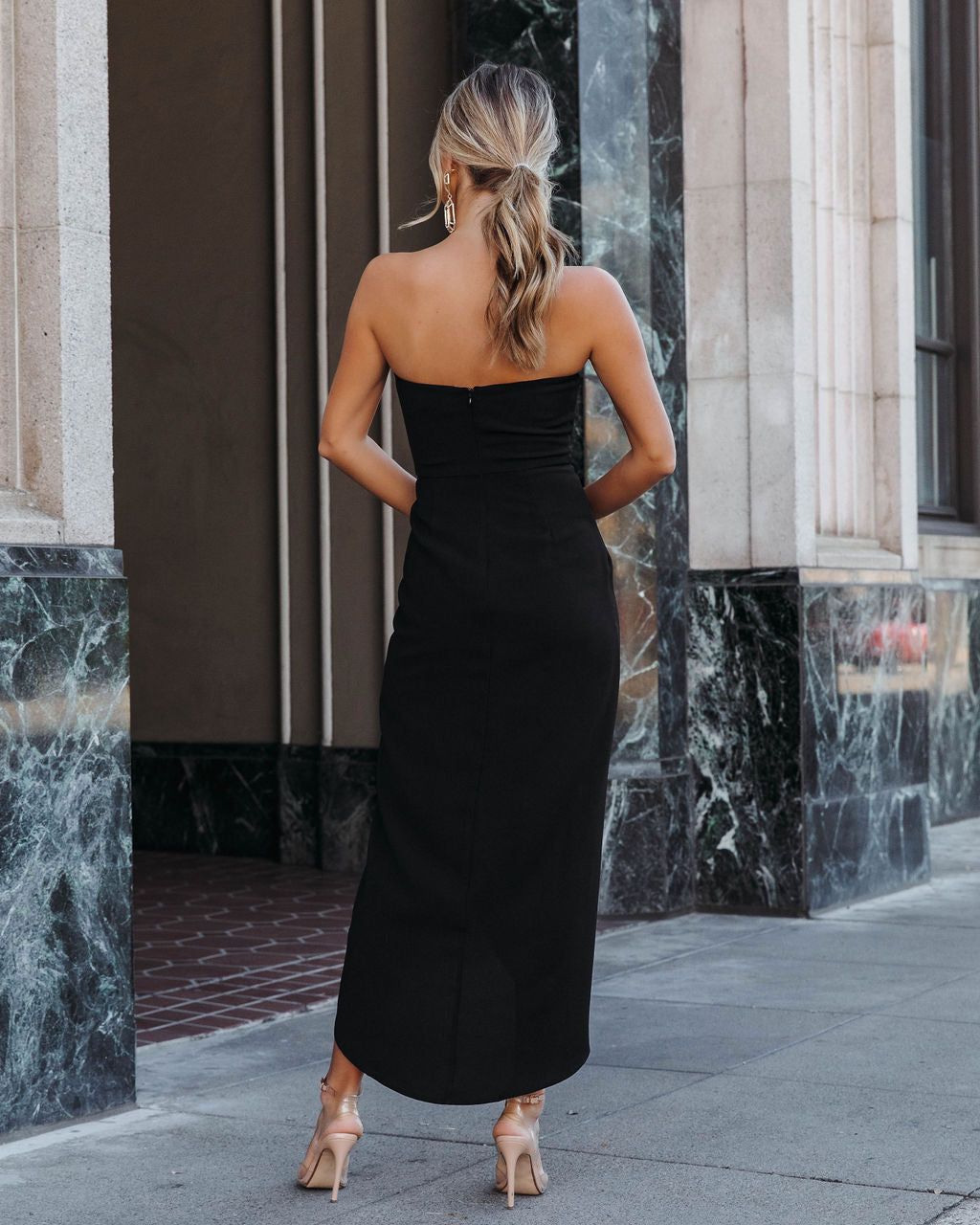 Aglow Strapless Draped Midi Dress - Black