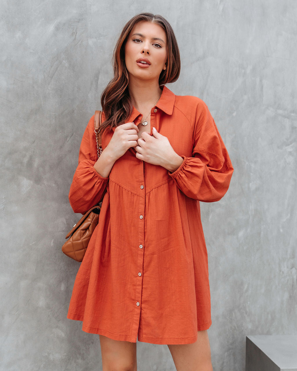 Little Bit Of Spice Pocketed Button Down Shirt Dress - Rust