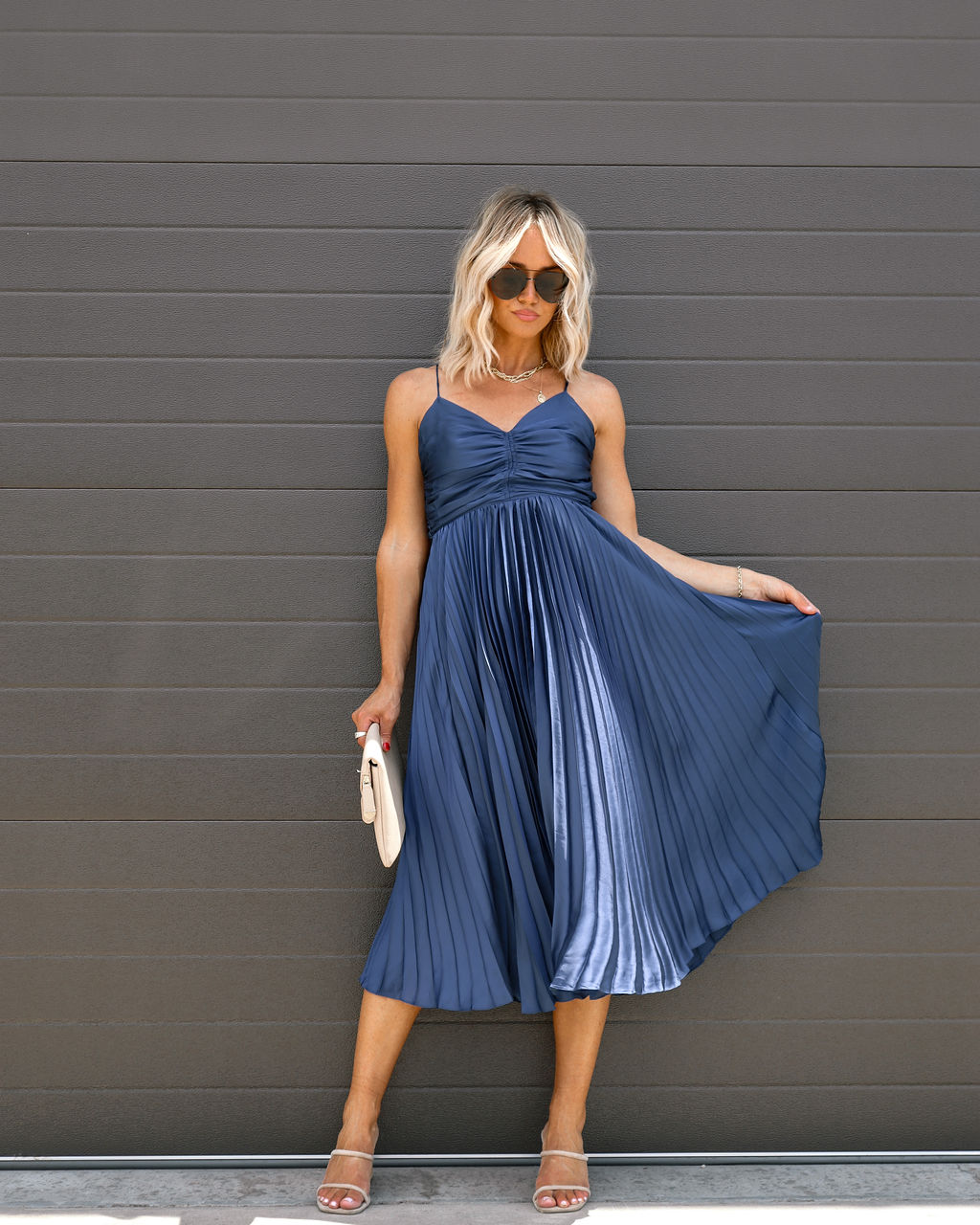 Classic Bombshell Satin Pleated Midi Dress - Midnight Blue