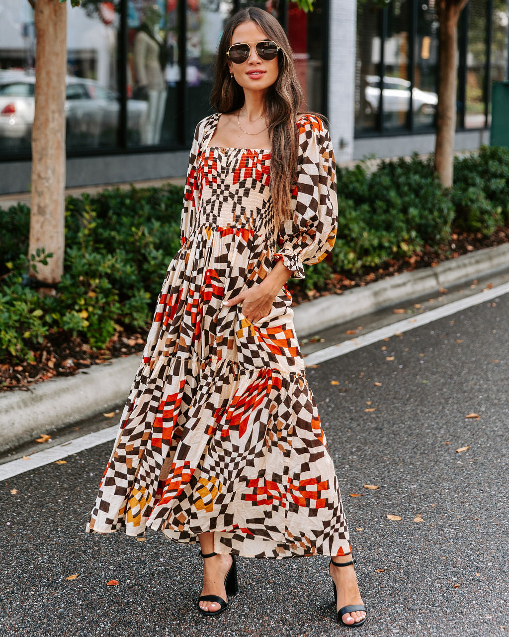 Faye Printed Pocketed Smocked Midi Dress