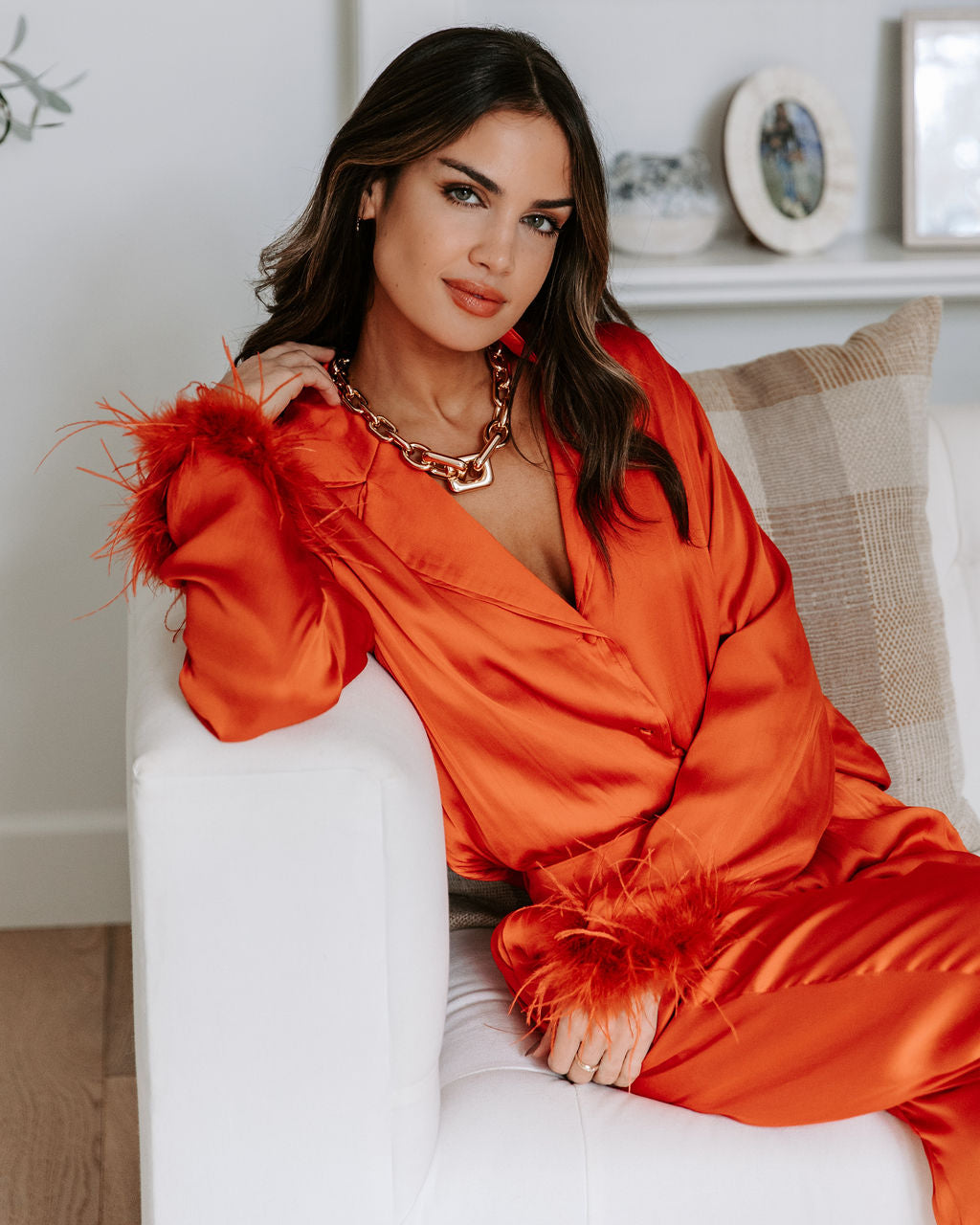 Marilynn Satin Feather Trim Button Down Top - Burnt Orange