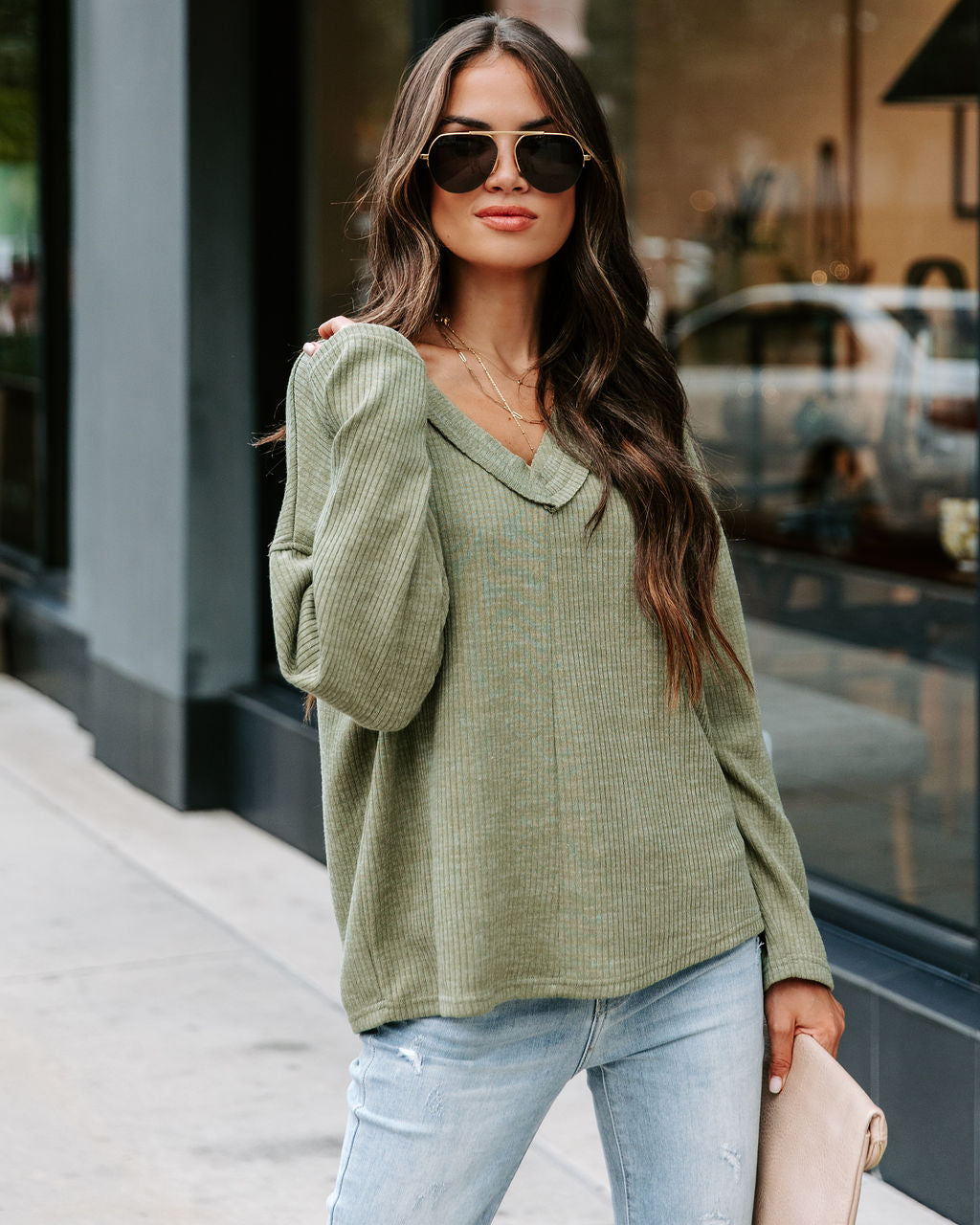 Touch Of Fall Oversized Ribbed Long Sleeve Top - Olive