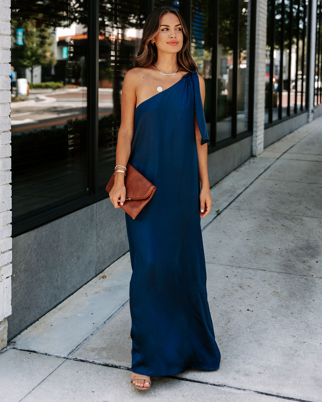 Invite Only Satin One Shoulder Maxi Dress - Navy