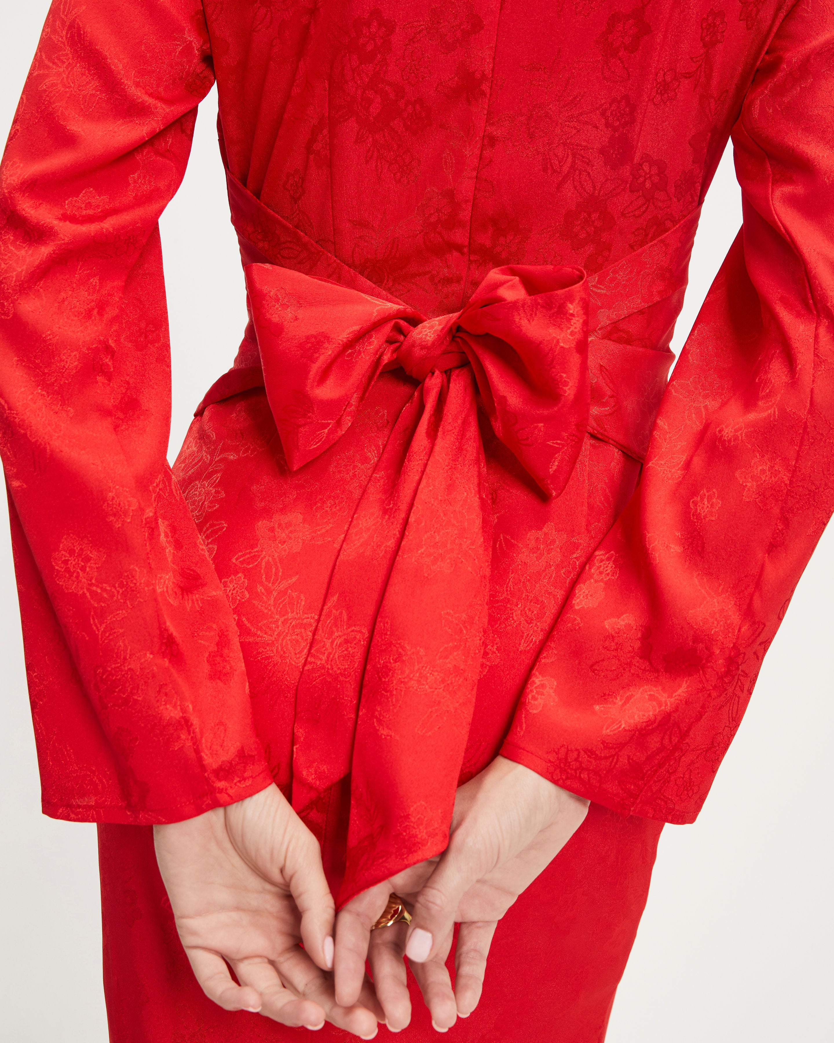 Divine Rights Satin Floral Cutout Midi Dress - Red