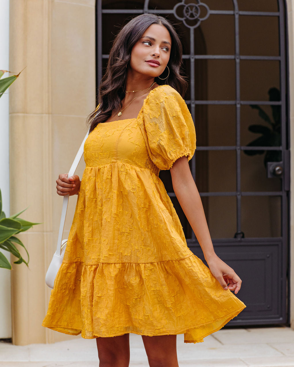 Picking Daisies Puff Sleeve Babydoll Mini Dress - Mustard Yellow - SALE