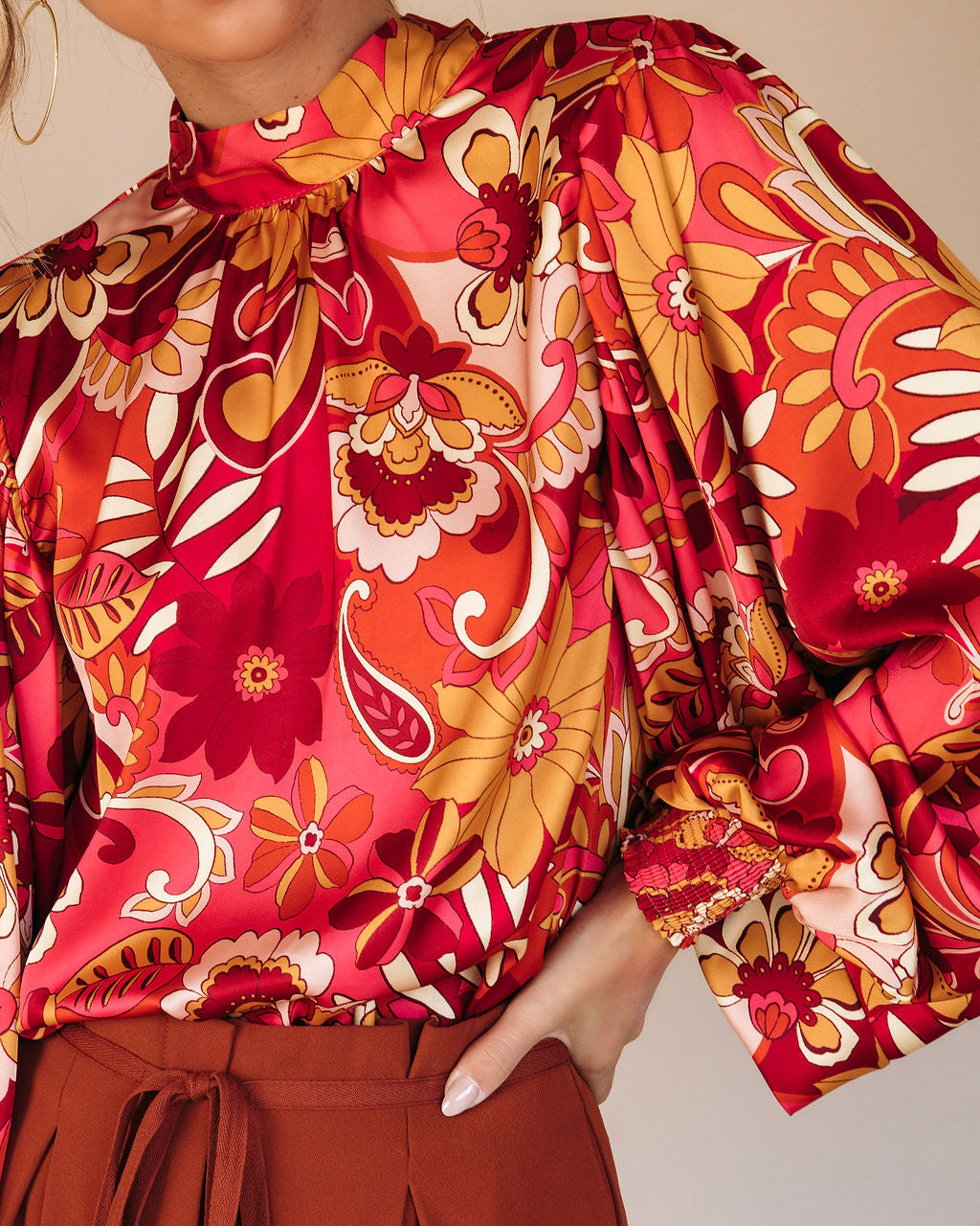 Dylann Satin Floral Balloon Sleeve Top
