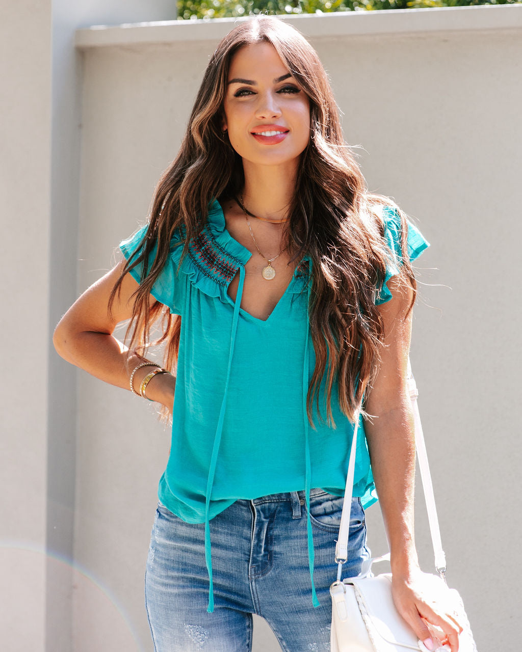 Teggo Smocked Trim Top - Teal - FINAL SALE