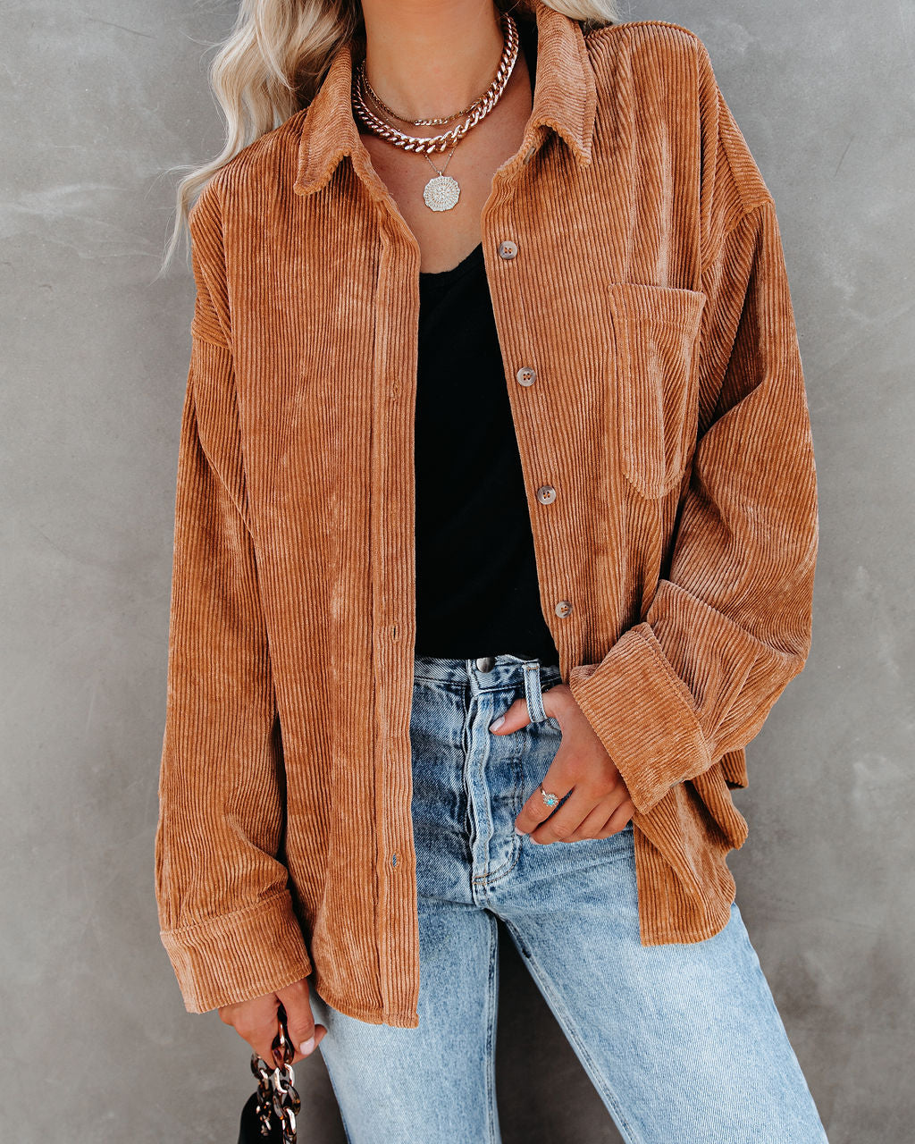 Kamryn Corduroy Button Down Pocket Top - Camel