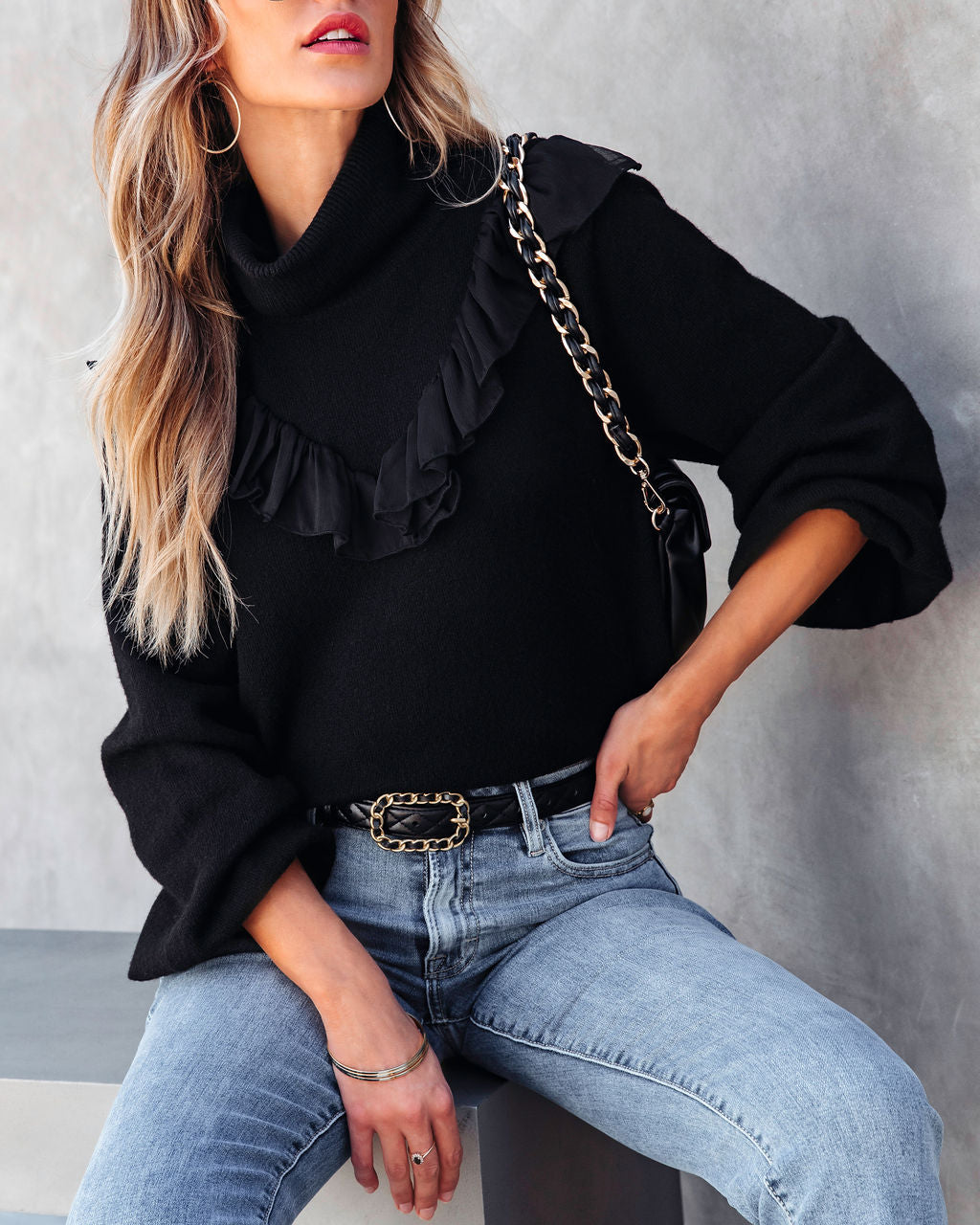Lyric Ruffle Crop Turtleneck Sweater - Black - SALE