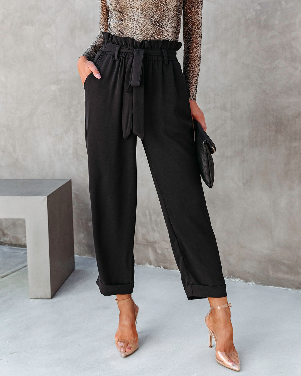 Busy As Usual Pocketed Paper Bag Pants - Black