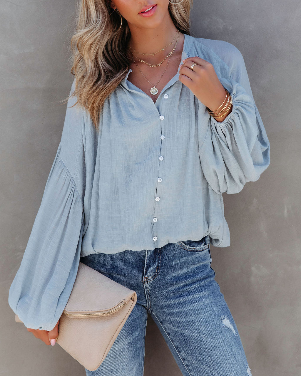 Bodhi Balloon Sleeve Button Up Top - Light Blue