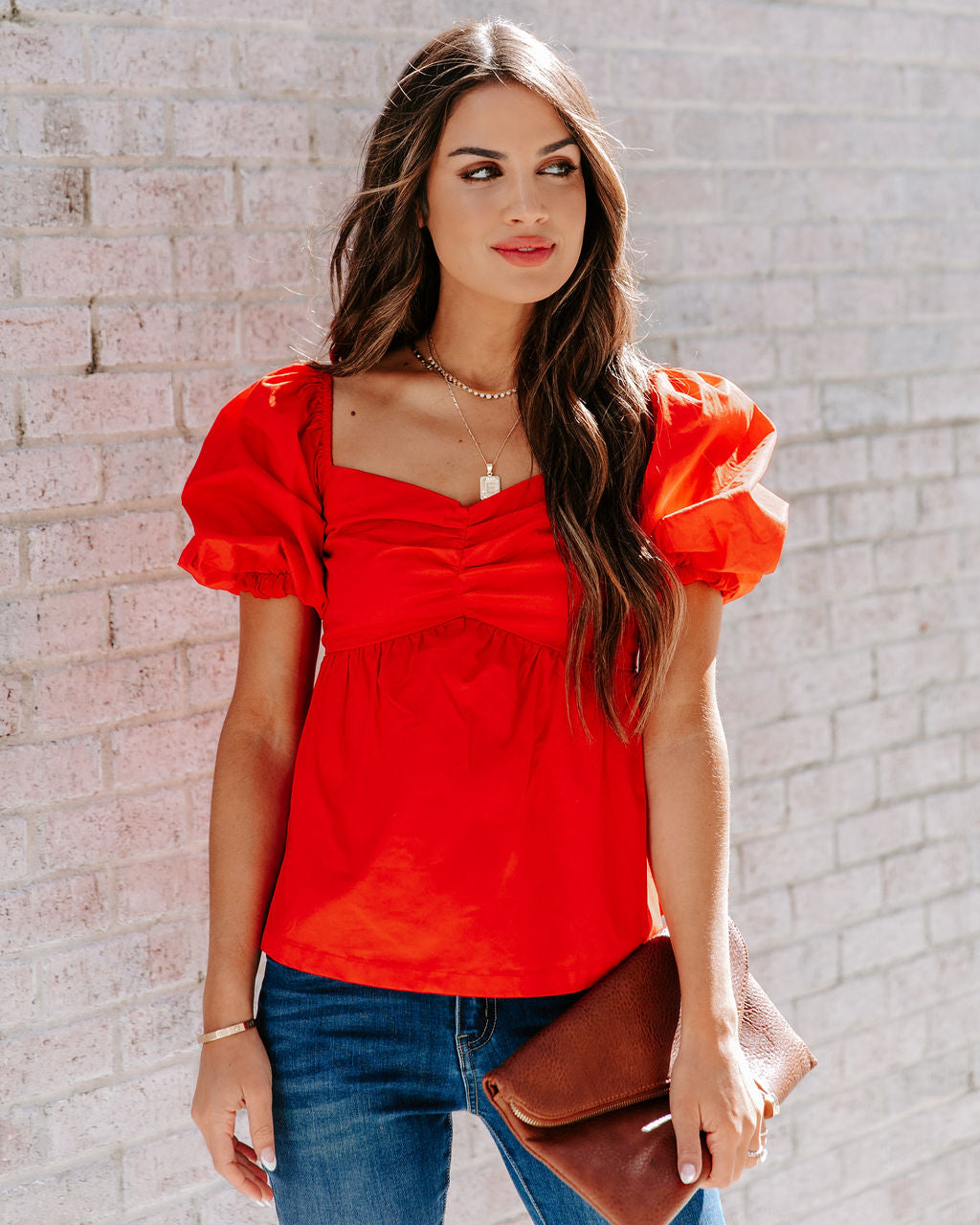 Carley Cotton Puff Sleeve Peplum Top - Red - SALE