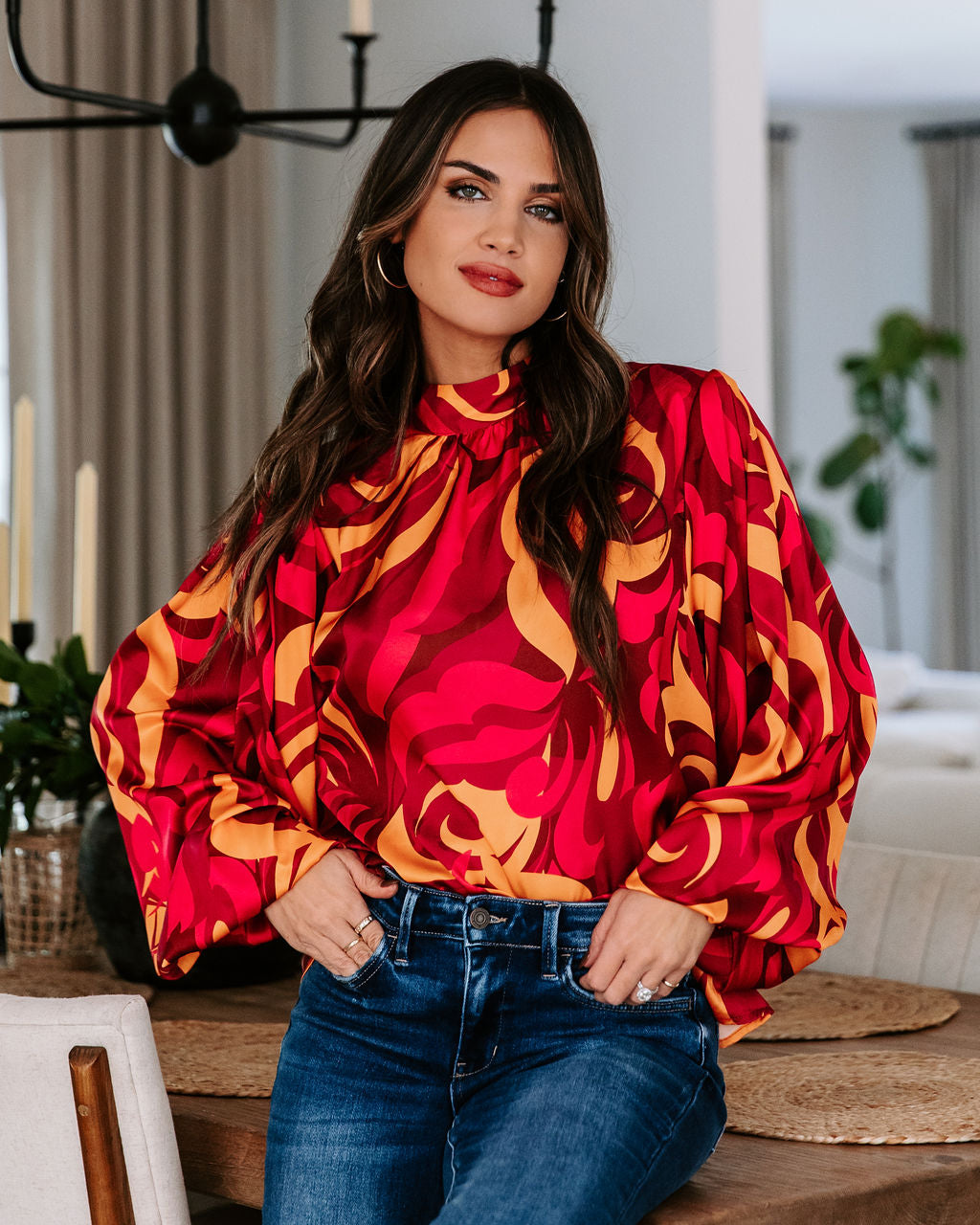 Taking It Back Printed Balloon Sleeve Top