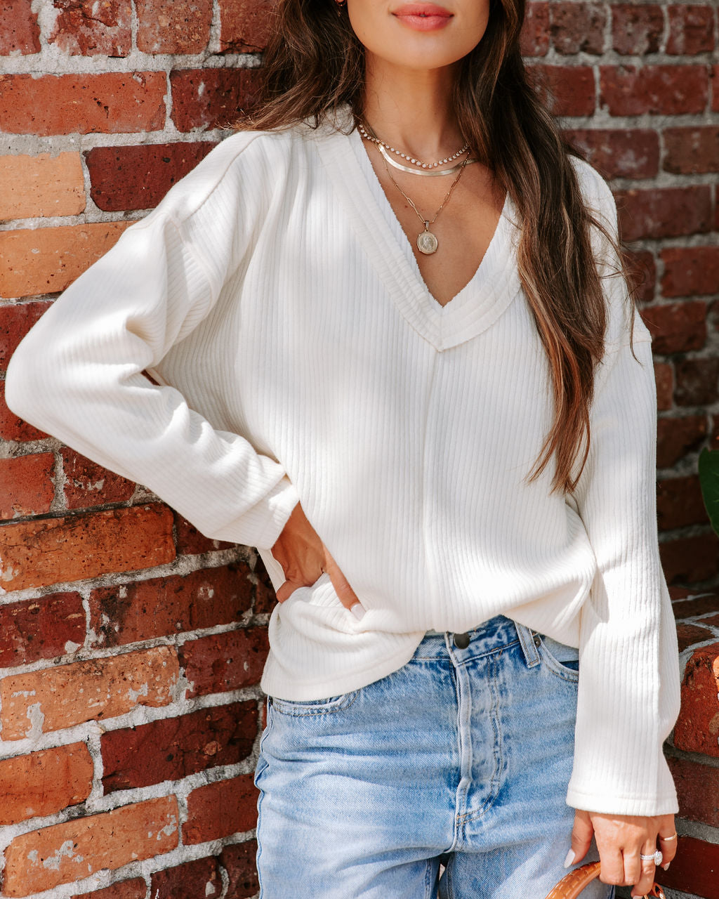 Essential V-Neck Long Sleeve Top - Cream - FINAL SALE