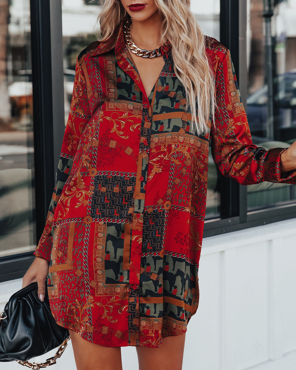 Zyla Mix Print Satin Button Down Shirt Dress