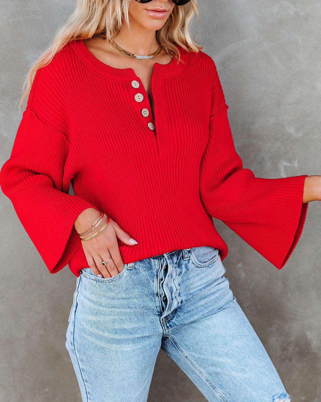 Shawn Ribbed Henley Top - Red - SALE