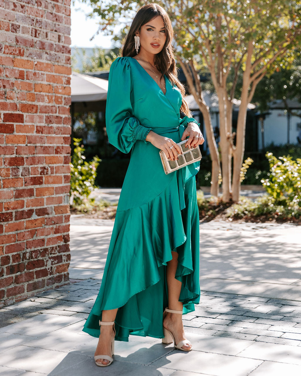 Irresistible Desire Satin Ruffle Maxi Dress - Emerald